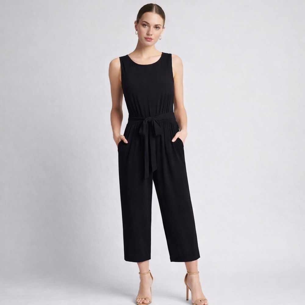 H Halston Heritage Black Jumpsuit Stretchy Size S Belted Ankle Business Casual - Picture 1 of 14